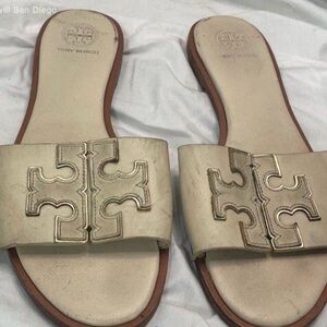 Tory Burch Cream Leather Logo Slide Sandals with Tan Trim